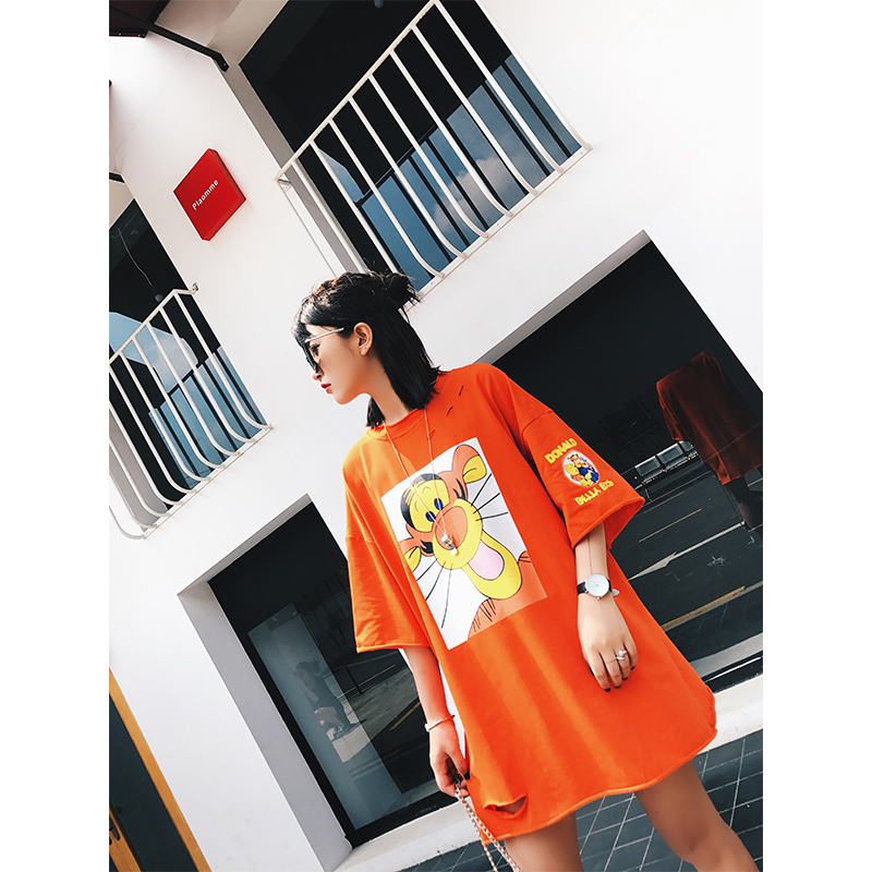 bw9新款夏季卡通跳跳虎T恤bf风短袖中长款休闲破洞衣服女宽松韩版学生潮定制