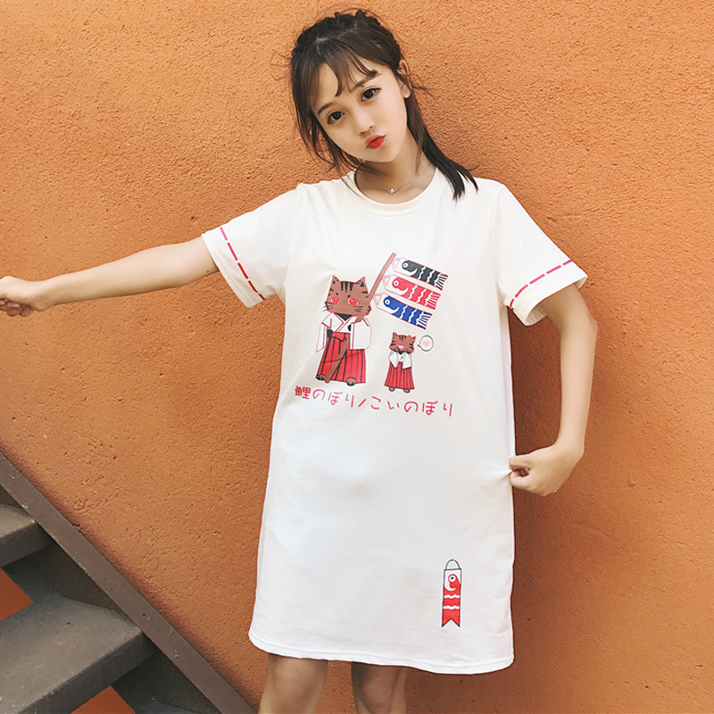 可爱立体印花中长款短袖T恤连衣裙中裙 .