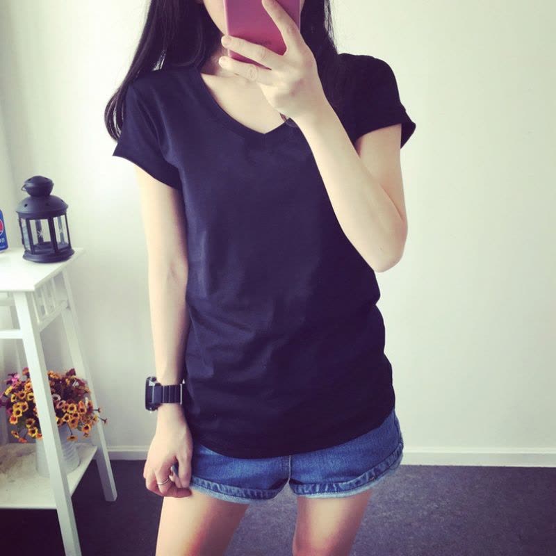 bw9新款短袖T恤女夏装2016韩版新款V领纯色体恤小衫修身半袖上衣服打底衫定制图片