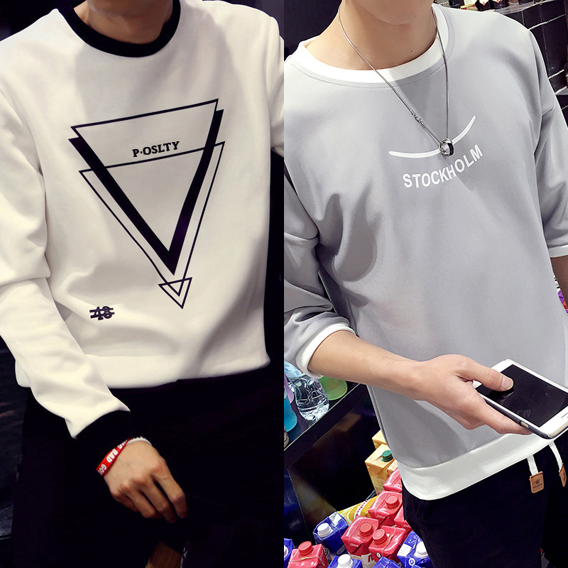 qma新款春秋男装男士长袖T恤新款潮衣服圆领卫衣秋衣上衣外穿体恤打底衫定制 三角白色+七分袖灰色 5XL