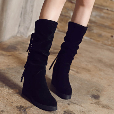 qma新款冬季棉鞋女加绒平底中筒靴女春秋单靴高跟流苏靴百搭内增高