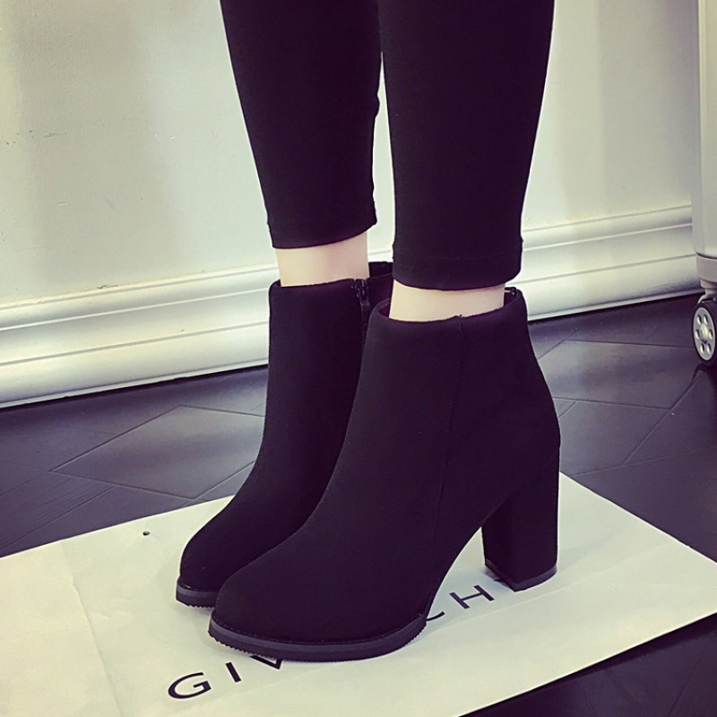 欧美冬季黑色绒面高跟靴马丁靴女时尚粗跟短靴女士裸靴舒适女靴子定制