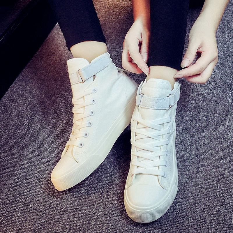 qma新款高帮帆布鞋女秋季新款百搭黑色平底布鞋韩版学生平底休闲板鞋