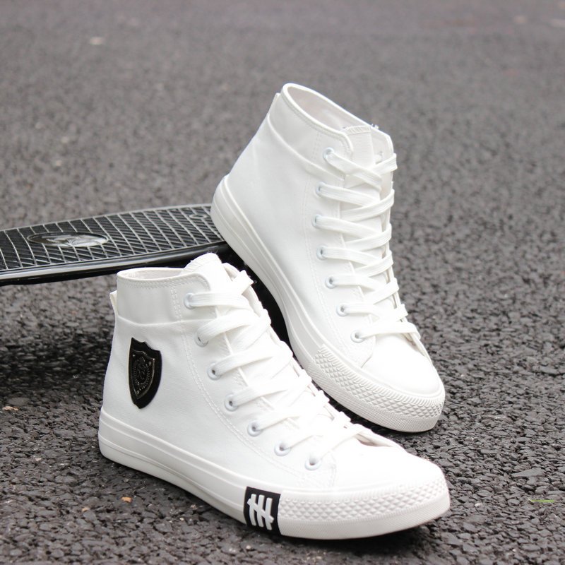 qma新款男士白色布鞋韩版高帮男鞋秋季百搭帆布鞋系带学生鞋子休闲鞋