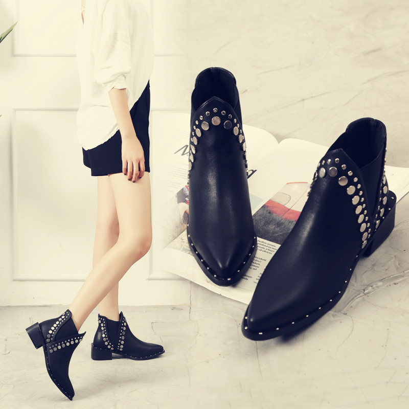 新款短靴单靴粗跟铆钉短靴女踝靴柳丁裸靴尖头马丁靴定制