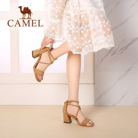 Camel/骆驼女鞋 秋季新款时尚气质露趾高跟交叉绑带粗跟绒面凉鞋