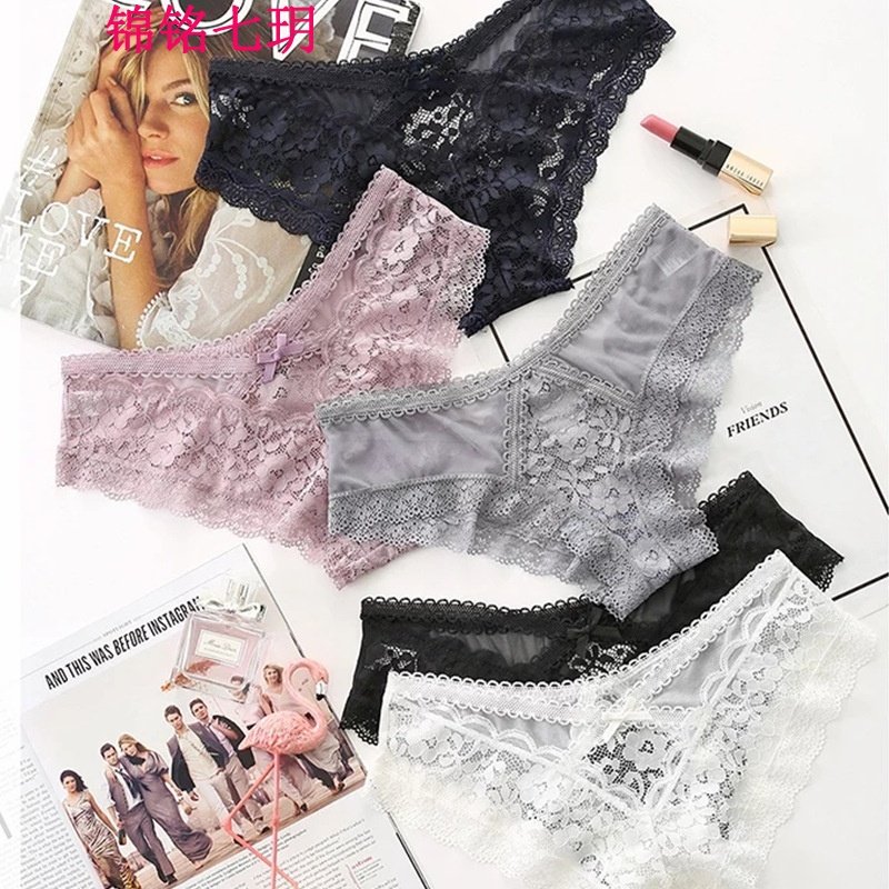 锦铭七玥新款镂空低腰无痕蕾丝边情趣内裤女 刺绣绣花蝴蝶结女士三角裤