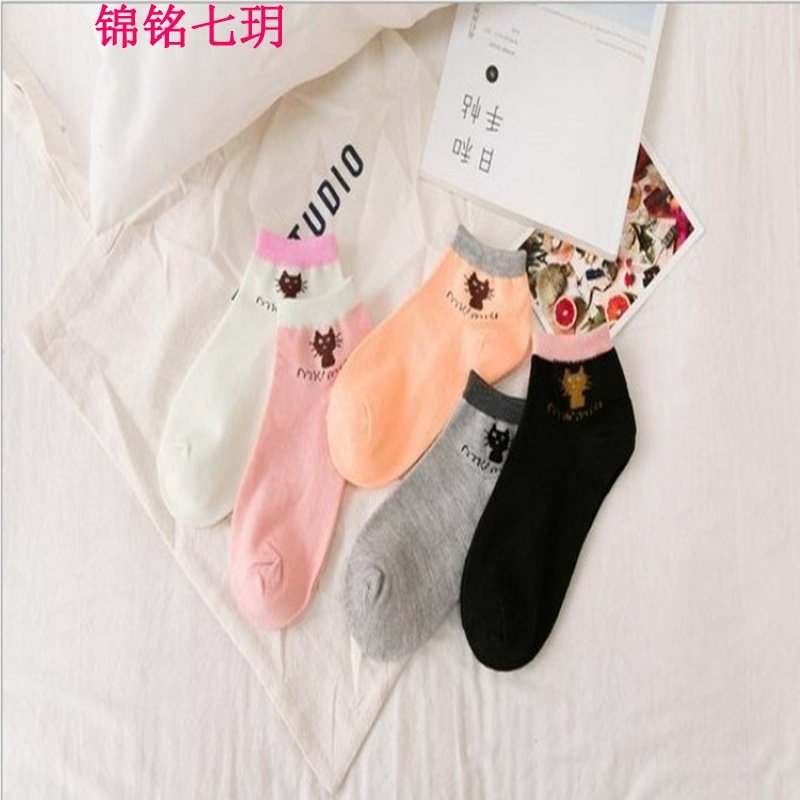 锦铭七玥韩版涤棉卡通猫咪款短袜 时尚女士小猫船袜 厂