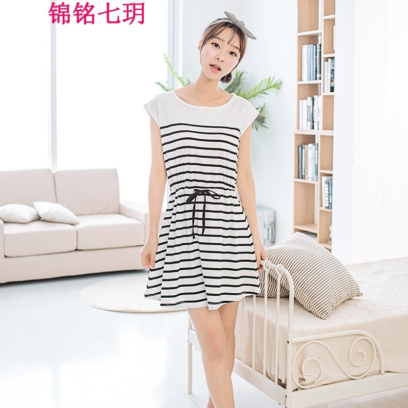 锦铭七玥韩版睡裙女夏中长裙可爱短袖棉性感公主学生甜美条纹睡衣女大码