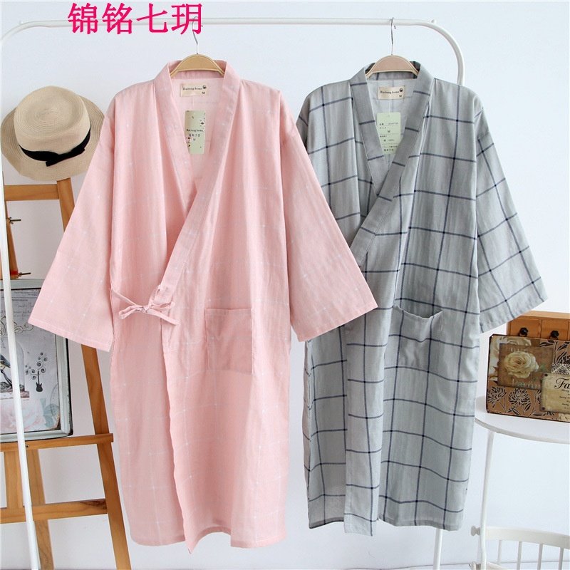 锦铭七玥春夏秋季薄款棉纱布睡袍情侣日式男和服浴衣棉睡衣女开衫长睡裙