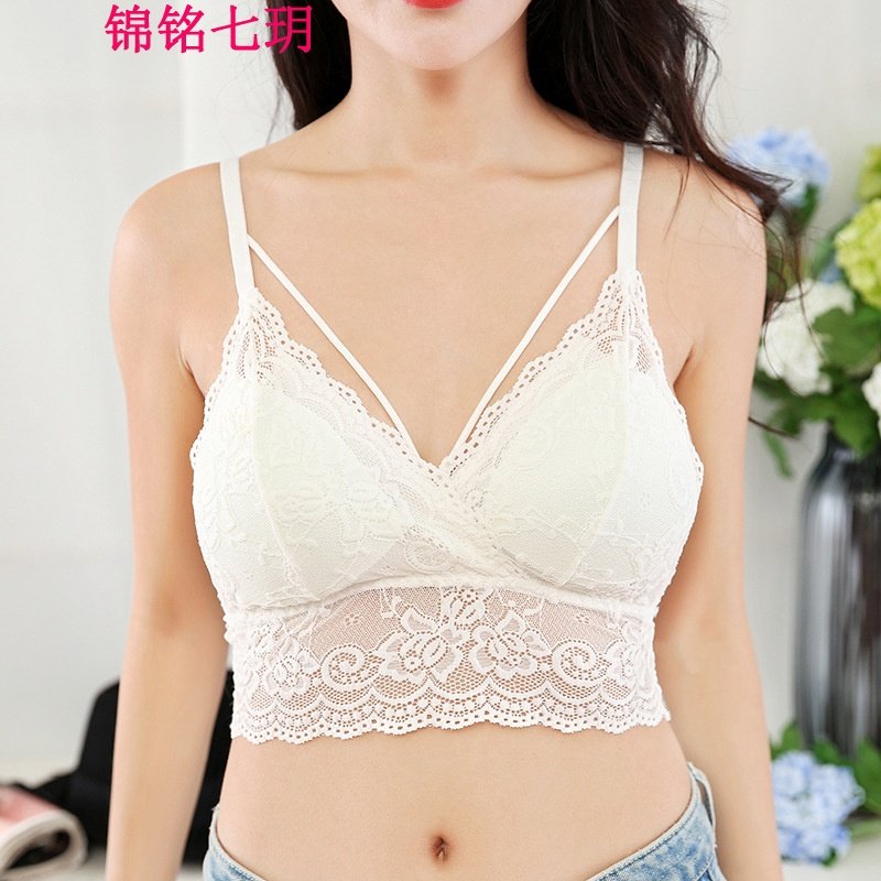 锦铭七玥女士蕾丝碎花抹胸带胸垫无钢圈吊带背心V型半胸性感文胸