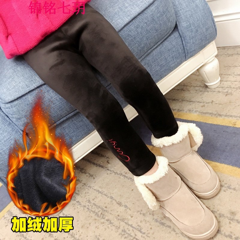 锦铭七玥女童加绒打底裤2018新品儿童刺绣双面金丝绒保暖棉裤小女孩加绒裤