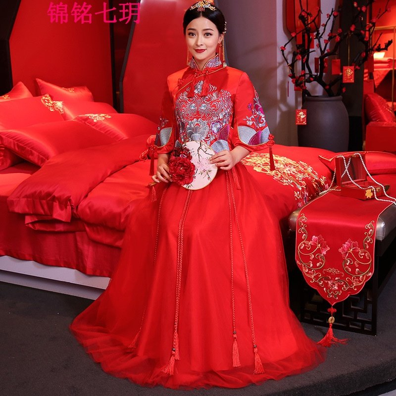 锦铭七玥2018新款新娘修身秀禾服孕妇古装嫁衣旗袍结婚婚纱礼服中式敬酒服