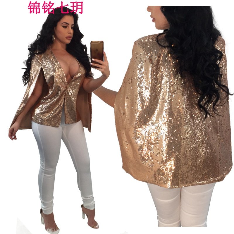 锦铭七玥欧美款外套亮片拼接单扣修身显瘦金色OL女式小西装