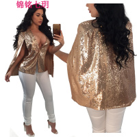 锦铭七玥欧美款外套亮片拼接单扣修身显瘦金色OL女式小西装