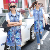 锦铭七玥亮片牛仔马甲背心2017夏天新款韩版破洞中长款短外套女马夹坎肩潮