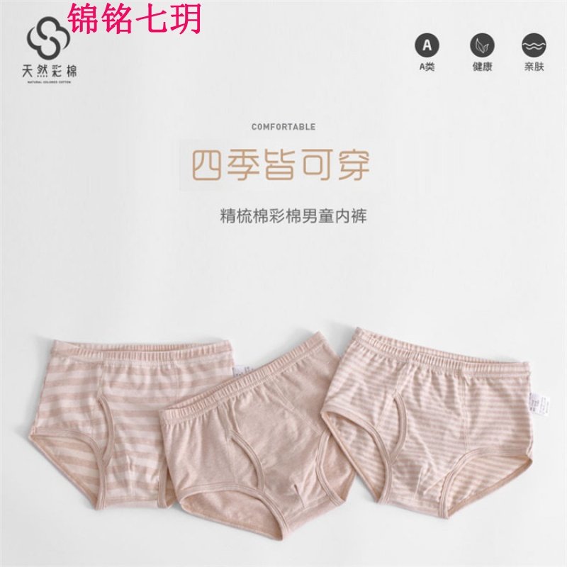 锦铭七玥2018新款男童天然彩棉三角内裤 三条装男宝宝彩棉内裤亲肤安全