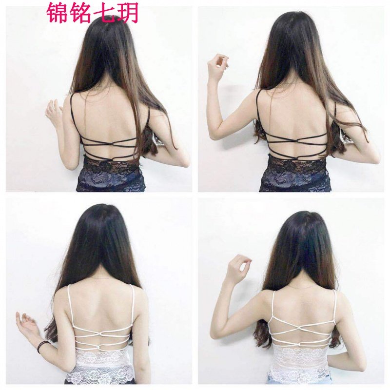 锦铭七玥薄款美背蕾丝文胸女2018春装长款细带交叉吊带内衣加胸垫
