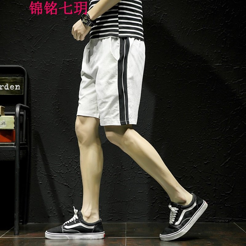 锦铭七玥夏季新款男式休闲裤条纹拼色五分裤大码男装男士中裤沙滩