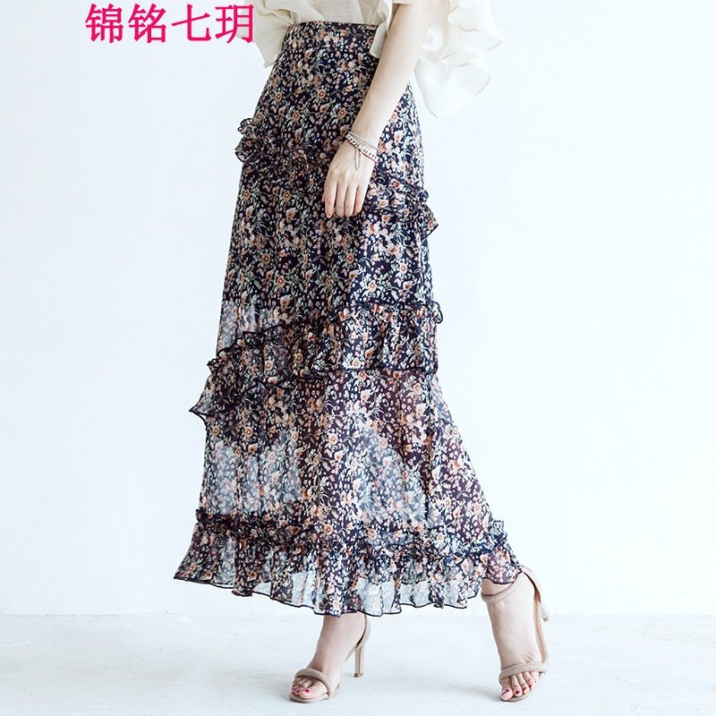 锦铭七玥2018春季新款高腰碎花立体荷叶边A字裙 韩版百搭雪纺长裙半身裙潮