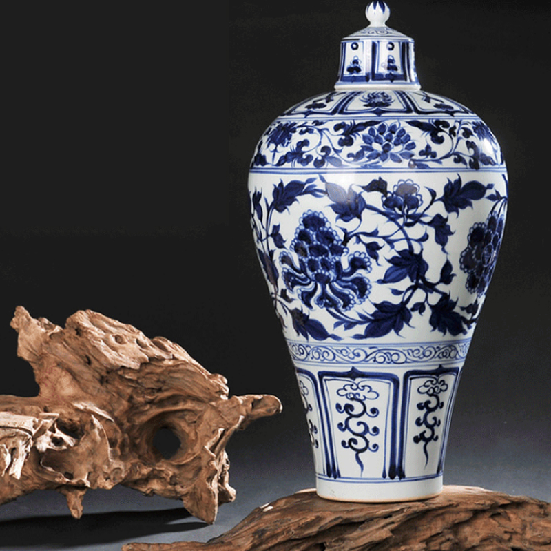 陶瓷花瓶景德镇仿古古典元青花瓷家居装饰品现代摆件客厅送底座