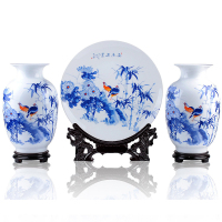 景德镇陶瓷花瓶三件套摆件客厅插花花器现代中式家居装饰台面摆设山安居乐业