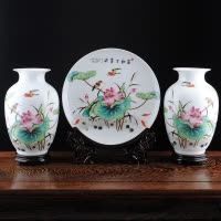 景德镇陶瓷花瓶三件套摆件客厅插花花器现代中式家居装饰台面摆设山 家和万事兴