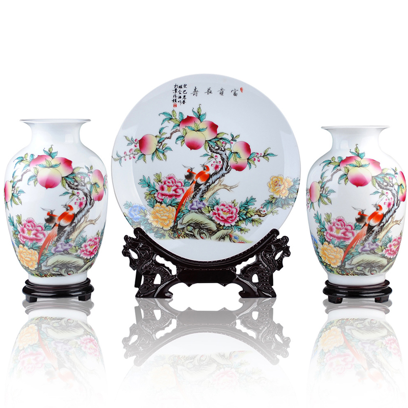 景德镇陶瓷花瓶三件套摆件客厅插花花器现代中式家居装饰台面摆设山 家和万事兴