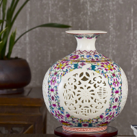 景德镇陶瓷摆件创意镂空粉彩花瓶插花花器现代中式家居客厅装饰品 粉彩石榴瓶