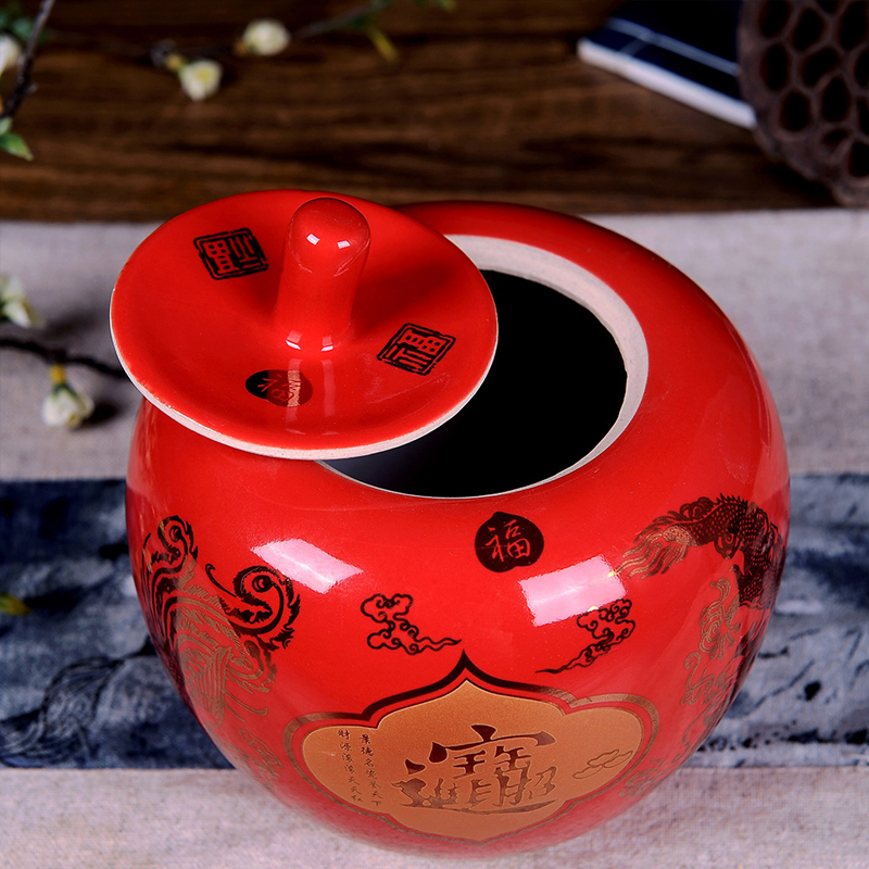 景德镇陶瓷摆件中国红招财进宝苹果花瓶创意储物罐现代家居装饰品 带盖招财进宝