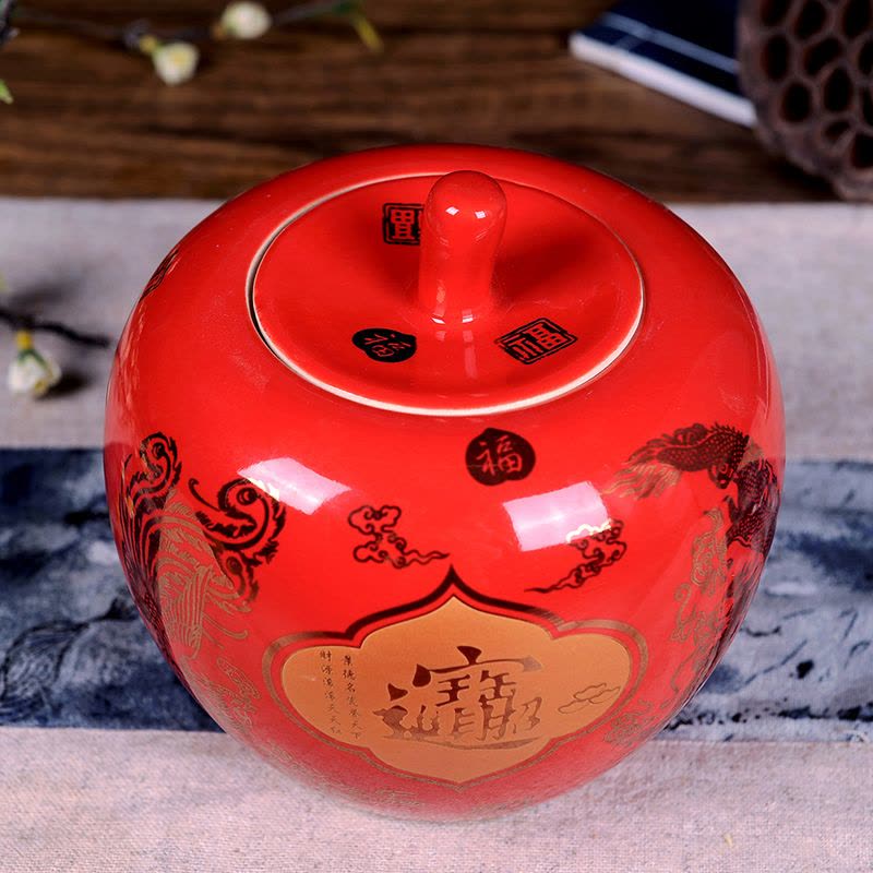 景德镇陶瓷摆件中国红招财进宝苹果花瓶创意储物罐现代家居装饰品 无盖福字图片