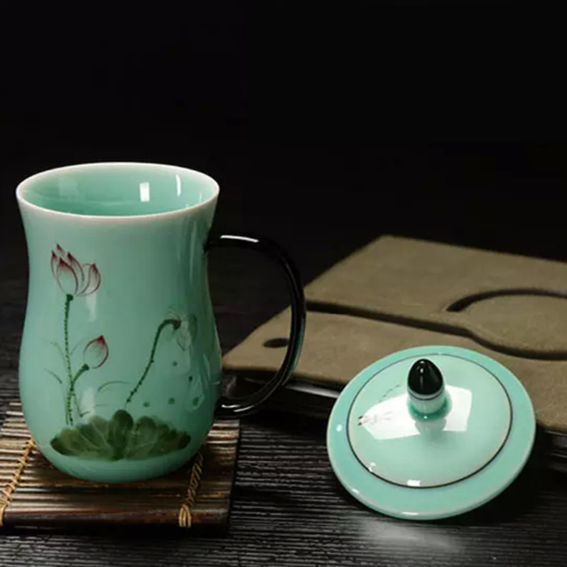 龙泉青瓷 手绘荷花茶杯陶瓷杯子带盖办公室陶瓷水杯马克杯
