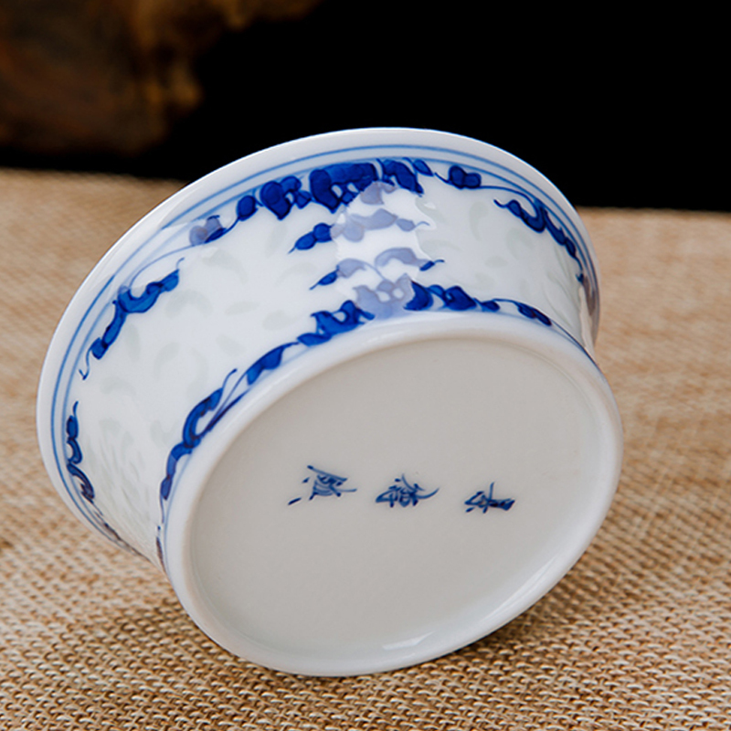 景德镇玲珑薄胎青花瓷功夫茶杯 手工透光单杯陶瓷功夫茶具品茗杯 平底普洱杯