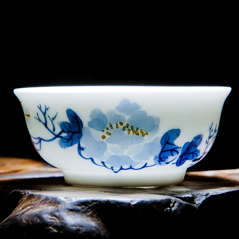 景德镇茶具手绘写意青花瓷小茶杯子薄胎功夫陶瓷品茗杯白瓷茶盏写意