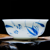景德镇茶具手绘写意青花瓷小茶杯子 薄胎功夫陶瓷品茗杯白瓷茶盏 兰花