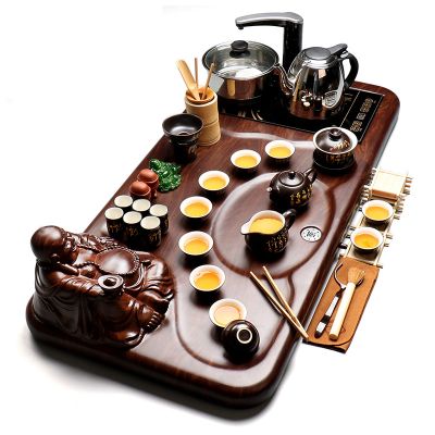 茶具套装四合一电磁炉整套实木茶盘陶瓷茶具 黑唐诗+电磁炉一体佛盘