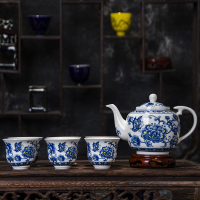 陶瓷茶具套装青花瓷 景德镇大号带不锈钢过滤网茶具带礼盒 一壶六杯 蝶恋花