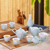 景德镇茶具套装青瓷整套陶瓷功夫茶具手绘描金茶壶杯 白玉兰 款一 11件套