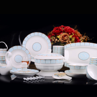 景德镇餐具 骨瓷餐具套装碗盘碟58头套装餐具 蓝格子 58头