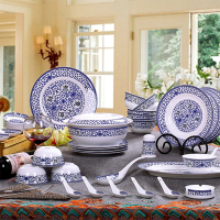景德镇陶瓷餐具56头骨瓷餐具套装 碗盘子青花 吉祥如意 56头