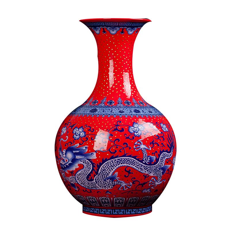 景德镇陶瓷器花瓶现代中式客厅家居饰品珐琅彩大花瓶花插电视柜摆件 赏瓶青龙 红色图片