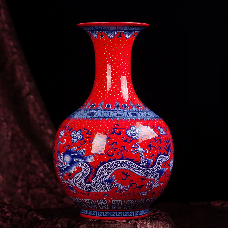 景德镇陶瓷器花瓶现代中式客厅家居饰品珐琅彩大花瓶花插电视柜摆件 赏瓶青龙 红色图片