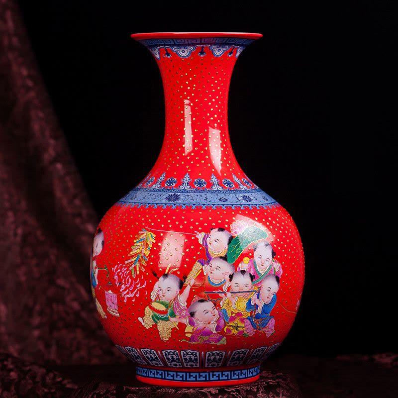 景德镇陶瓷器花瓶现代中式客厅家居饰品珐琅彩大花瓶花插电视柜摆件 赏瓶青龙 红色图片