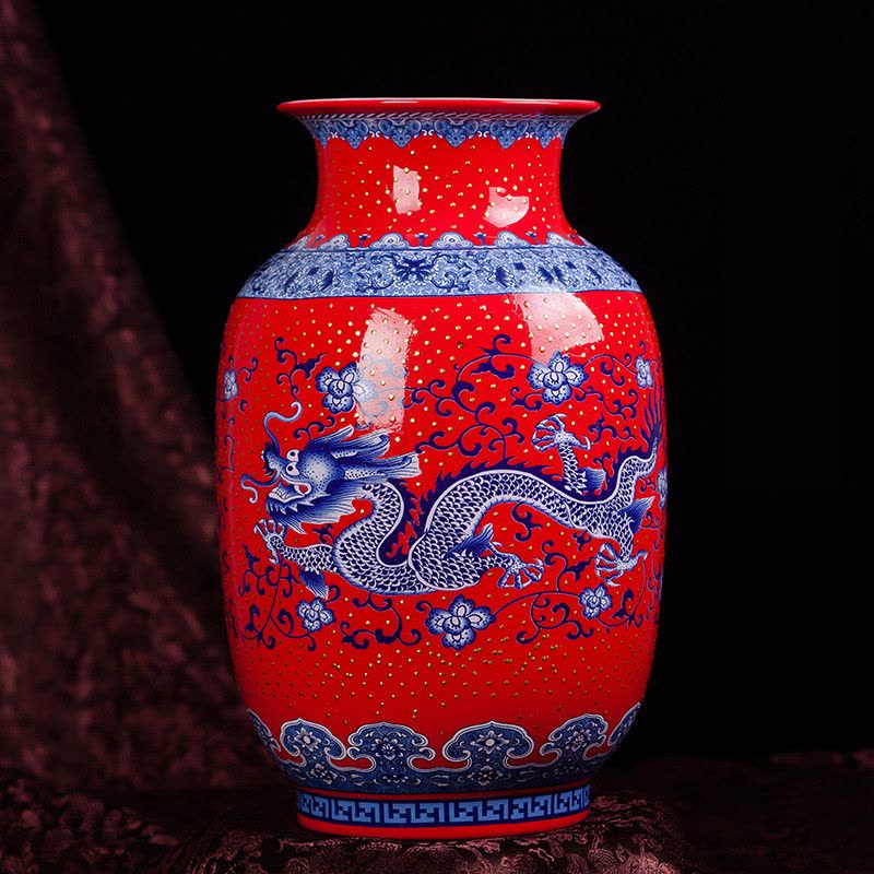 景德镇陶瓷器花瓶现代中式客厅家居饰品珐琅彩大花瓶花插电视柜摆件 赏瓶青龙 红色图片