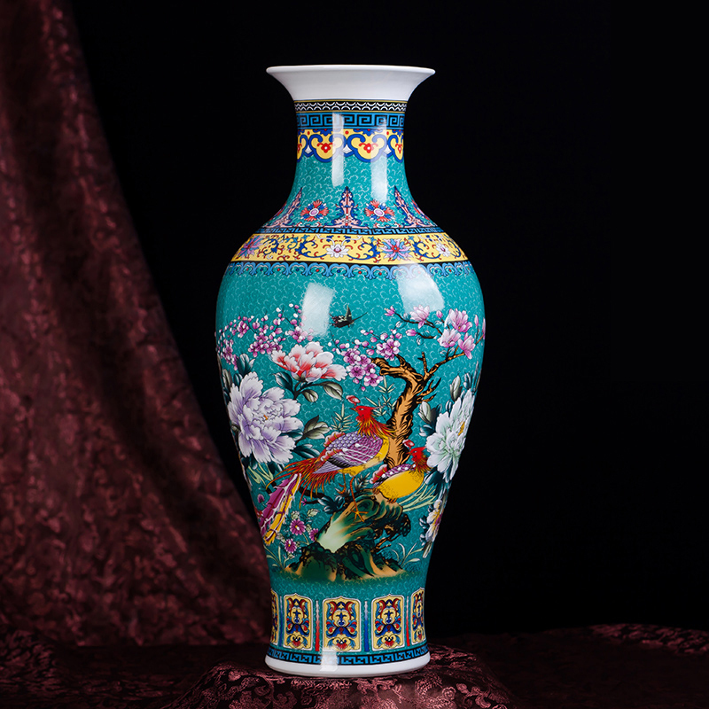 风源景德镇粉彩大花瓶陶瓷器现代时尚客厅落地花插家居欧式装饰品摆件 绿色观音瓶一对