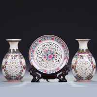 景德镇陶瓷器花瓶摆件镂空三件套仿古中式古典客厅插花装饰品摆件 粉彩缠枝莲玉壶春