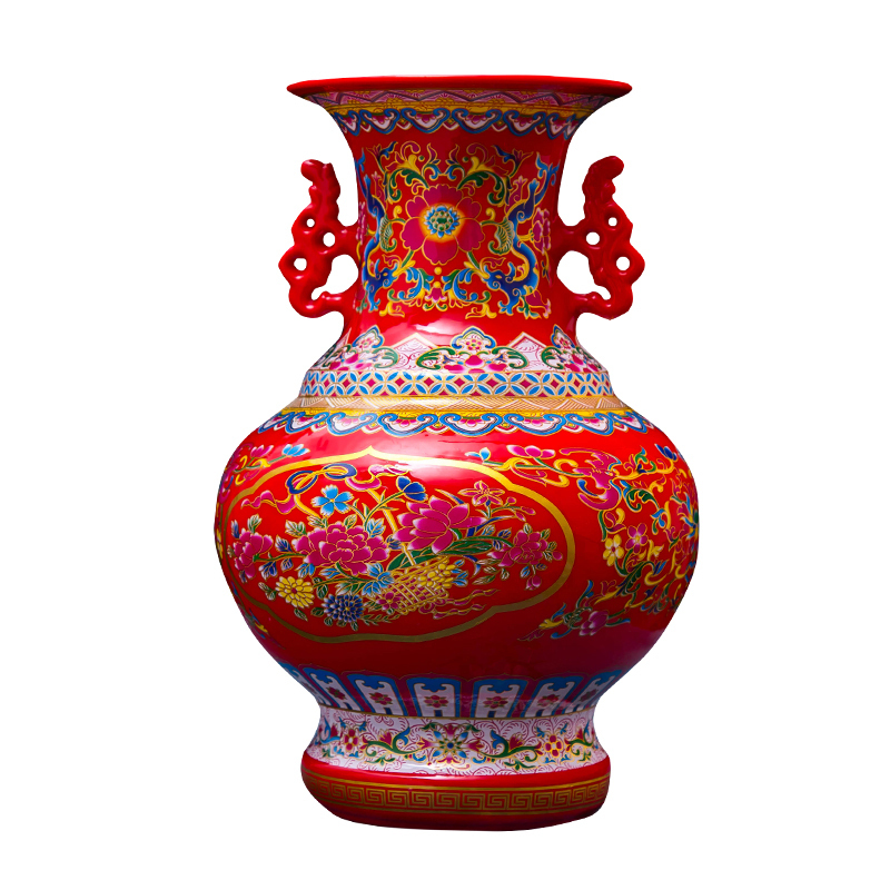 景德镇仿古明清珐琅彩双耳陶瓷花瓶手工制作创意台面卧室家居摆件 红色牡丹