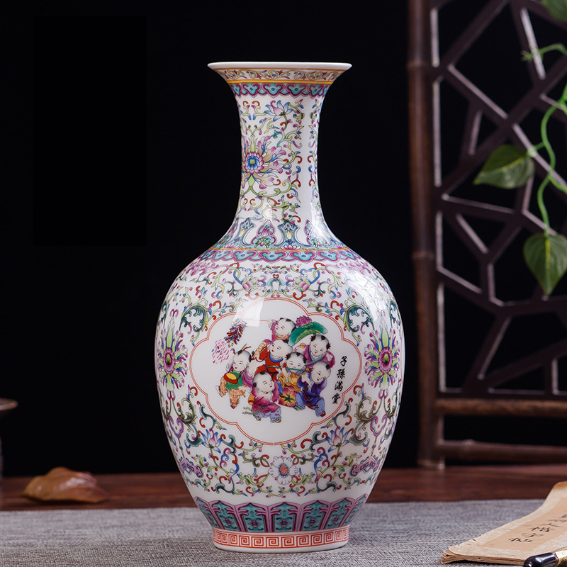 景德镇陶瓷器 珐琅彩花瓶 现代时尚家居装饰客厅工艺品摆件 保龄球瓶 百花争艳
