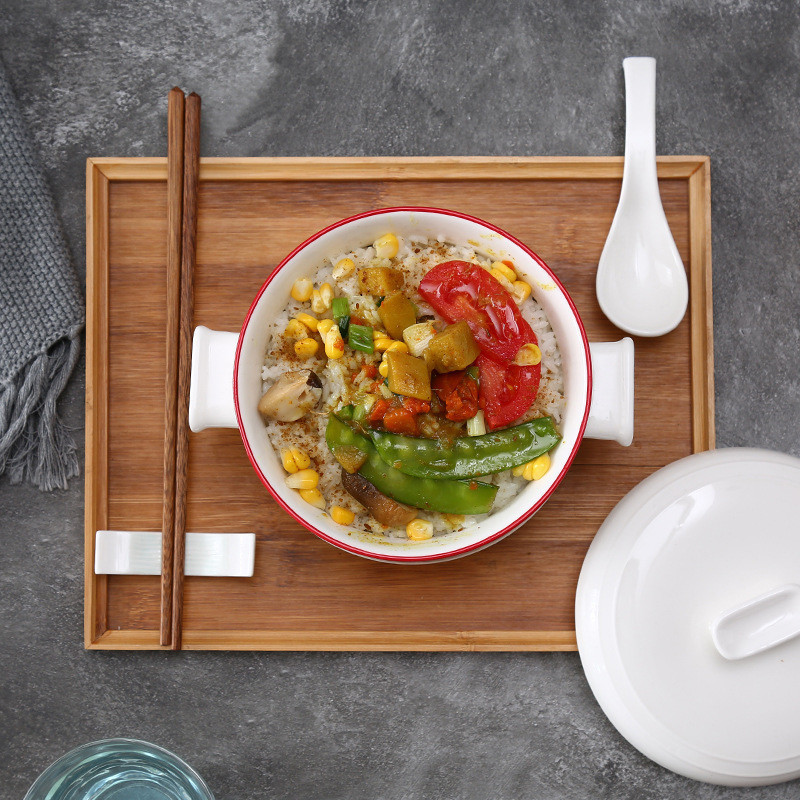 碗陶瓷泡面碗餐具带盖饭盒陶瓷汤碗大碗沙拉碗 红边