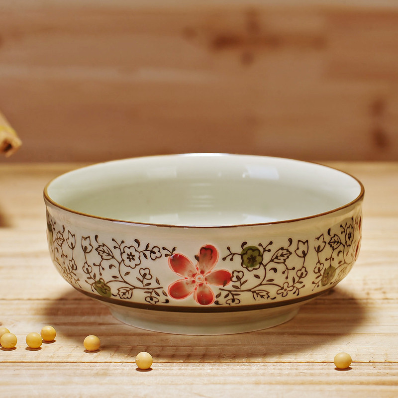 陶瓷碗创意餐具 日式釉下彩手绘沙拉碗5.5英寸 矮脚米饭碗 大红花